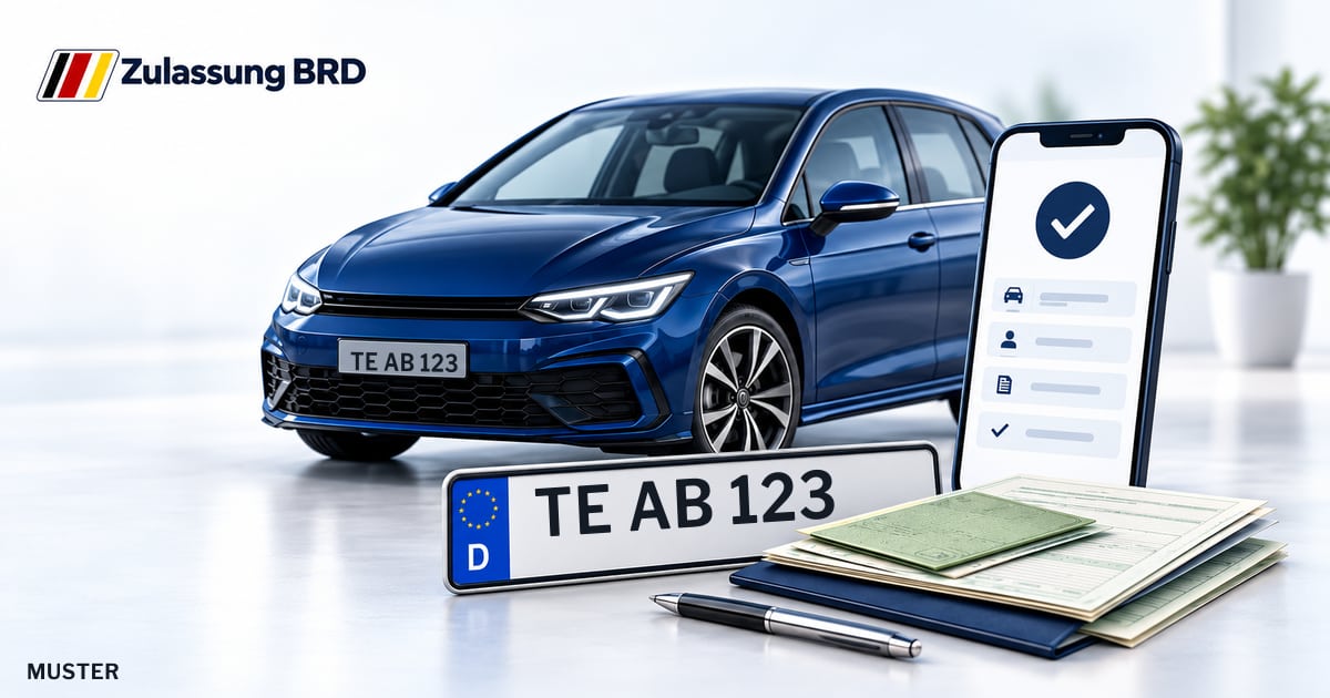 Online Fahrzeugzulassung in Tecklenburg: Musterkennzeichen TE AB 123, Auto und Fahrzeugpapiere und Smartphone. Illustration mit Logo von Zulassung BRD.